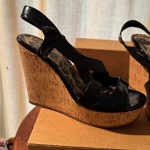 Black Wedge Sandals with Cork Heel and Open Toe Design